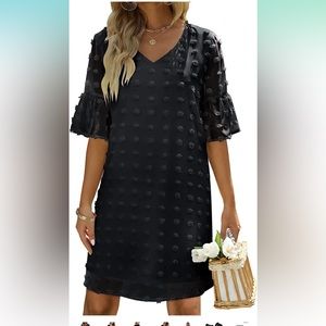 KEKE LILI Swiss Dot Dress Chiffon Short Ruffle Sleeve Babydoll Mini Dress